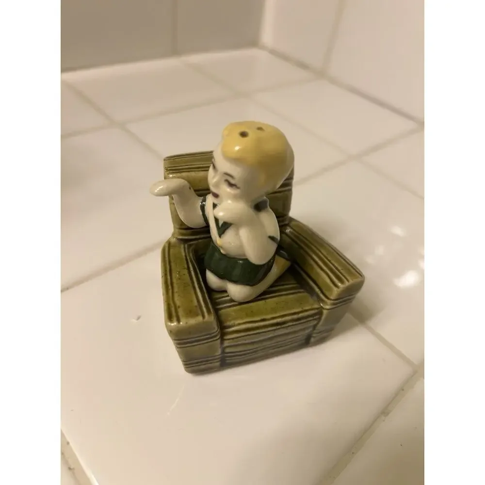 Ceramic Arts Studio Boy in Green Chair Salt Pepper Shaker 1953 Hard to Find USA